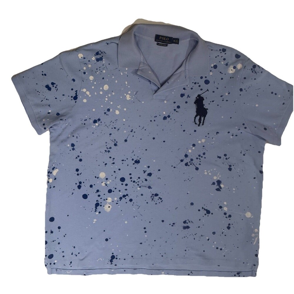 Ralph Lauren Polo Big Pony Paint Splatter Shirt Custom Slim Fit Blue Men XXL